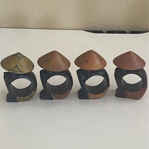 Pier 1 Napkin Ring Holders Carved Wood Asian Hats Set 4